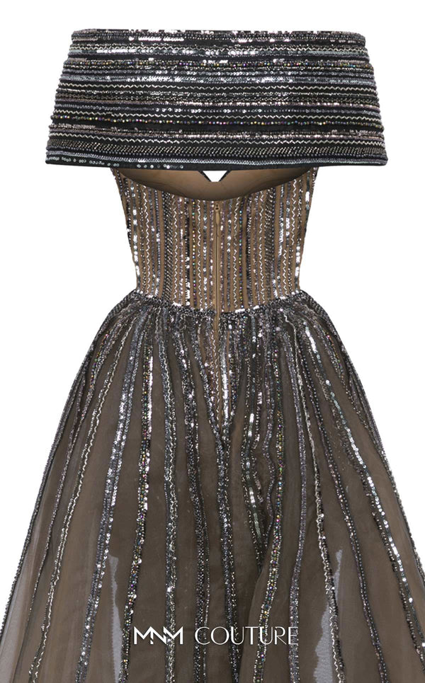 MNM Couture Style F02929 showcasing a dramatic off-the-shoulder A-line gown with dark sequin and bead embellishments and a full, vertically striped tulle overlay. | Couture Shop LA