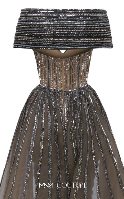 MNM Couture Style F02929 showcasing a dramatic off-the-shoulder A-line gown with dark sequin and bead embellishments and a full, vertically striped tulle overlay. | Couture Shop LA