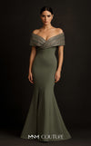 MNM Couture Style F02935 featuring a fitted mint or pink crepe mermaid gown with an off-shoulder neckline, elaborate bead and sequin embroidery, and a dramatic train. | Couture Shop LA |  