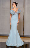 MNM Couture Style F02935 featuring a fitted mint or pink crepe mermaid gown with an off-shoulder neckline, elaborate bead and sequin embroidery, and a dramatic train. | Couture Shop LA |  