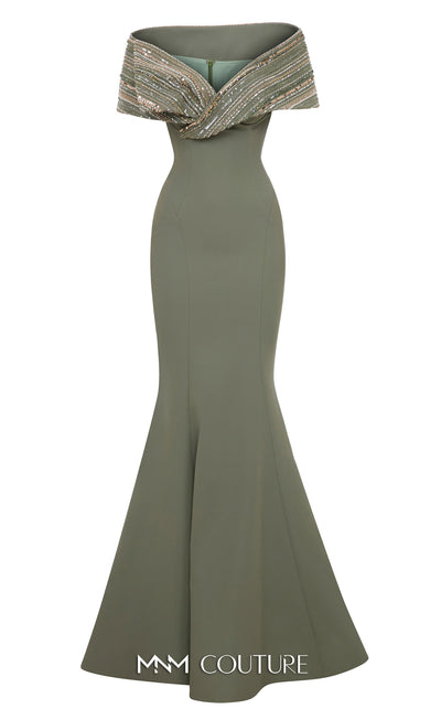 MNM Couture Style F02935 featuring a fitted mint or pink crepe mermaid gown with an off-shoulder neckline, elaborate bead and sequin embroidery, and a dramatic train. | Couture Shop LA |