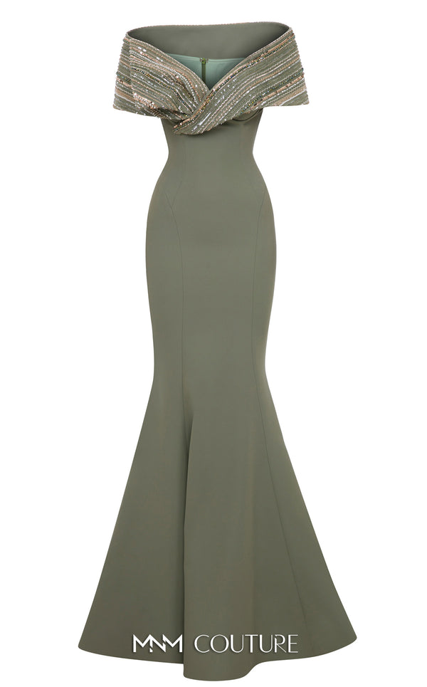 MNM Couture Style F02935 featuring a fitted mint or pink crepe mermaid gown with an off-shoulder neckline, elaborate bead and sequin embroidery, and a dramatic train. | Couture Shop LA |  