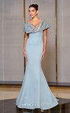 MNM Couture Style F02935 featuring a fitted mint or pink crepe mermaid gown with an off-shoulder neckline, elaborate bead and sequin embroidery, and a dramatic train. | Couture Shop LA |  
