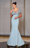 MNM Couture Style F02935 featuring a fitted mint or pink crepe mermaid gown with an off-shoulder neckline, elaborate bead and sequin embroidery, and a dramatic train. | Couture Shop LA |  