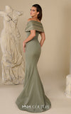 MNM Couture Style F02935 featuring a fitted mint or pink crepe mermaid gown with an off-shoulder neckline, elaborate bead and sequin embroidery, and a dramatic train. | Couture Shop LA |  