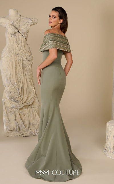 MNM Couture Style F02935 featuring a fitted mint or pink crepe mermaid gown with an off-shoulder neckline, elaborate bead and sequin embroidery, and a dramatic train. | Couture Shop LA |
