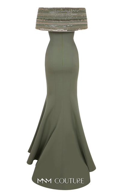 MNM Couture Style F02935 featuring a fitted mint or pink crepe mermaid gown with an off-shoulder neckline, elaborate bead and sequin embroidery, and a dramatic train. | Couture Shop LA |
