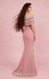 MNM Couture Style F02935 featuring a fitted mint or pink crepe mermaid gown with an off-shoulder neckline, elaborate bead and sequin embroidery, and a dramatic train. | Couture Shop LA |  