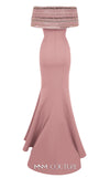 MNM Couture Style F02935 featuring a fitted mint or pink crepe mermaid gown with an off-shoulder neckline, elaborate bead and sequin embroidery, and a dramatic train. | Couture Shop LA |  