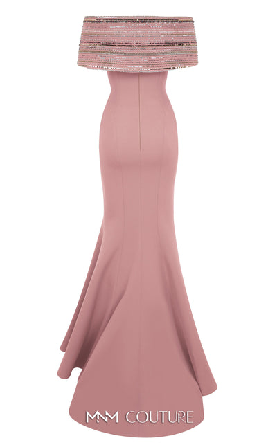 MNM Couture Style F02935 featuring a fitted mint or pink crepe mermaid gown with an off-shoulder neckline, elaborate bead and sequin embroidery, and a dramatic train. | Couture Shop LA |