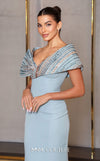 MNM Couture Style F02935 featuring a fitted mint or pink crepe mermaid gown with an off-shoulder neckline, elaborate bead and sequin embroidery, and a dramatic train. | Couture Shop LA |  
