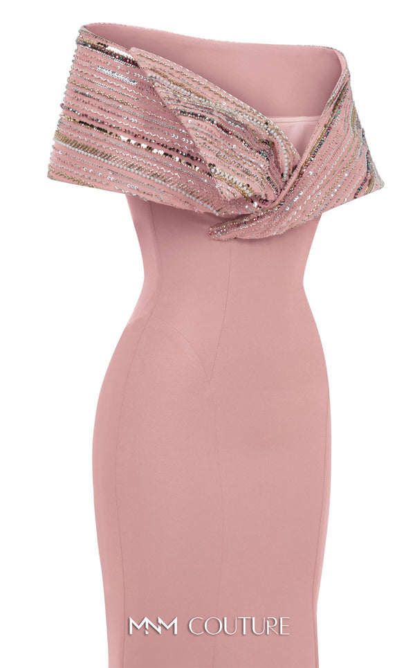 MNM Couture Style F02935 featuring a fitted mint or pink crepe mermaid gown with an off-shoulder neckline, elaborate bead and sequin embroidery, and a dramatic train. | Couture Shop LA |  