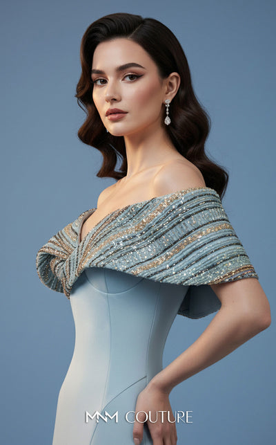 MNM Couture Style F02935 featuring a fitted mint or pink crepe mermaid gown with an off-shoulder neckline, elaborate bead and sequin embroidery, and a dramatic train. | Couture Shop LA |