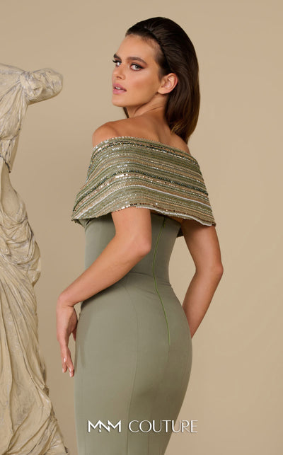 MNM Couture Style F02935 featuring a fitted mint or pink crepe mermaid gown with an off-shoulder neckline, elaborate bead and sequin embroidery, and a dramatic train. | Couture Shop LA |