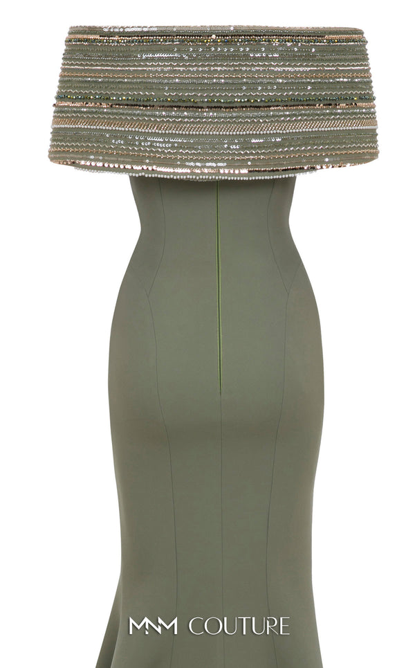 MNM Couture Style F02935 featuring a fitted mint or pink crepe mermaid gown with an off-shoulder neckline, elaborate bead and sequin embroidery, and a dramatic train. | Couture Shop LA |  