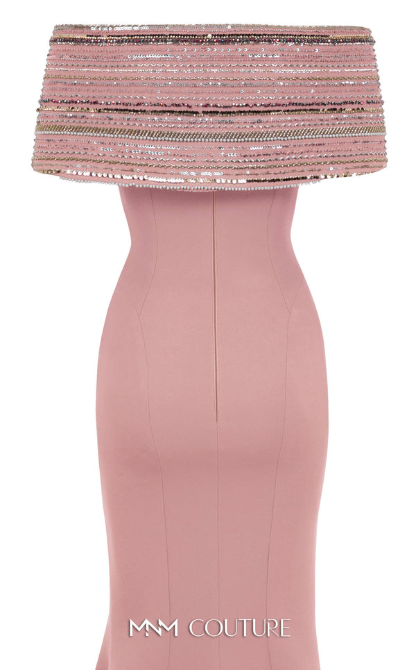 MNM Couture Style F02935 featuring a fitted mint or pink crepe mermaid gown with an off-shoulder neckline, elaborate bead and sequin embroidery, and a dramatic train. | Couture Shop LA |  