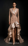MNM Couture F02936 beige tuxedo-style gown with satin lapels, double-breasted buttons, and a dramatic high-low ruffled skirt. | Couture Shop LA