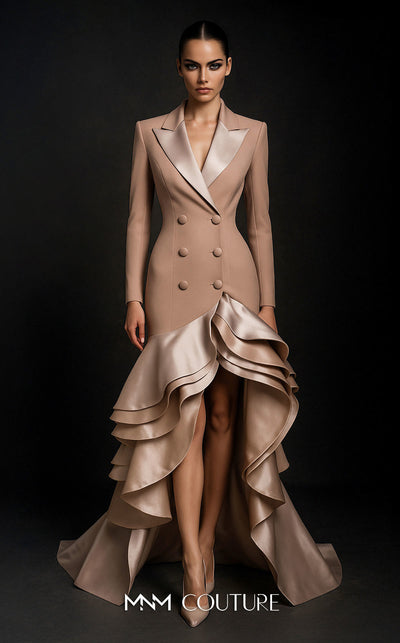 MNM Couture F02936 beige tuxedo-style gown with satin lapels, double-breasted buttons, and a dramatic high-low ruffled skirt. | Couture Shop LA