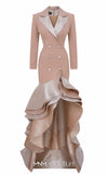 MNM Couture F02936 beige tuxedo-style gown with satin lapels, double-breasted buttons, and a dramatic high-low ruffled skirt. | Couture Shop LA