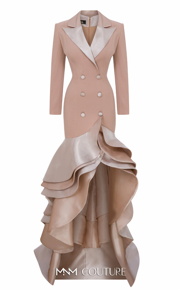 MNM Couture F02936 beige tuxedo-style gown with satin lapels, double-breasted buttons, and a dramatic high-low ruffled skirt. | Couture Shop LA