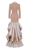 MNM Couture F02936 beige tuxedo-style gown with satin lapels, double-breasted buttons, and a dramatic high-low ruffled skirt. | Couture Shop LA