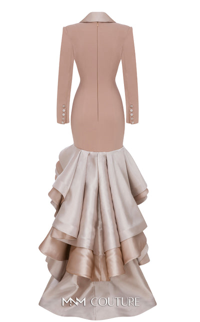 MNM Couture F02936 beige tuxedo-style gown with satin lapels, double-breasted buttons, and a dramatic high-low ruffled skirt. | Couture Shop LA