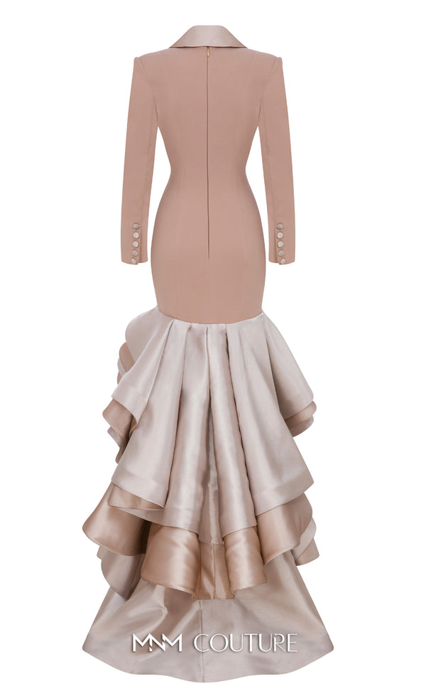 MNM Couture F02936 beige tuxedo-style gown with satin lapels, double-breasted buttons, and a dramatic high-low ruffled skirt. | Couture Shop LA