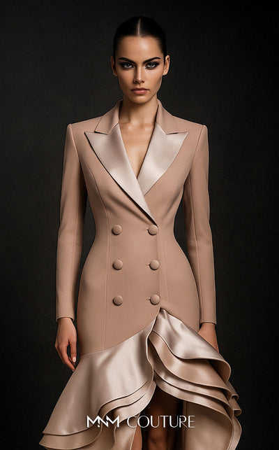 MNM Couture F02936 beige tuxedo-style gown with satin lapels, double-breasted buttons, and a dramatic high-low ruffled skirt. | Couture Shop LA