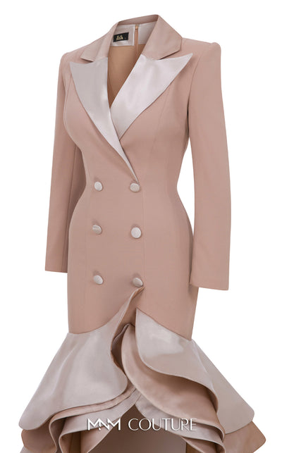 MNM Couture F02936 beige tuxedo-style gown with satin lapels, double-breasted buttons, and a dramatic high-low ruffled skirt. | Couture Shop LA