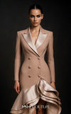 MNM Couture F02936 beige tuxedo-style gown with satin lapels, double-breasted buttons, and a dramatic high-low ruffled skirt. | Couture Shop LA