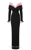 MNM Couture Style F02941 showing a black form-fitting evening gown with a pink off-the-shoulder ruffle detail, matching ruffled cuffs on the long sleeves, and a high back slit. | Couture Shop LA