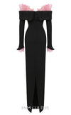 MNM Couture Style F02941 showing a black form-fitting evening gown with a pink off-the-shoulder ruffle detail, matching ruffled cuffs on the long sleeves, and a high back slit. | Couture Shop LA