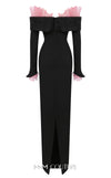 MNM Couture Style F02941 showing a black form-fitting evening gown with a pink off-the-shoulder ruffle detail, matching ruffled cuffs on the long sleeves, and a high back slit. | Couture Shop LA