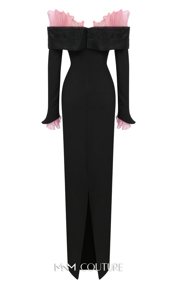 MNM Couture Style F02941 showing a black form-fitting evening gown with a pink off-the-shoulder ruffle detail, matching ruffled cuffs on the long sleeves, and a high back slit. | Couture Shop LA