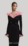 MNM Couture Style F02941 showing a black form-fitting evening gown with a pink off-the-shoulder ruffle detail, matching ruffled cuffs on the long sleeves, and a high back slit. | Couture Shop LA