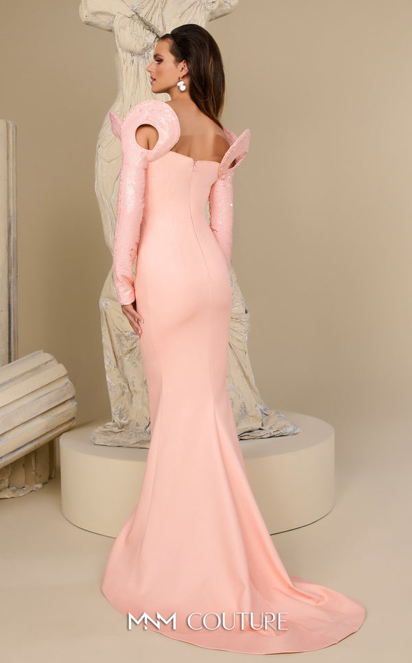 MNM Couture Style F02942 column gown with a deep V-neckline, sequined off-the-shoulder long sleeves, and shoulder cutouts. | Couture Shop LA