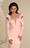 MNM Couture Style F02942 column gown with a deep V-neckline, sequined off-the-shoulder long sleeves, and shoulder cutouts. | Couture Shop LA