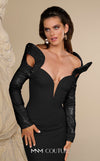 MNM Couture Style F02942 column gown with a deep V-neckline, sequined off-the-shoulder long sleeves, and shoulder cutouts. | Couture Shop LA