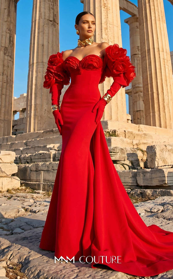 Strapless crepe bespoke evening wear with rose applique taffeta jacket MNM Couture F02944