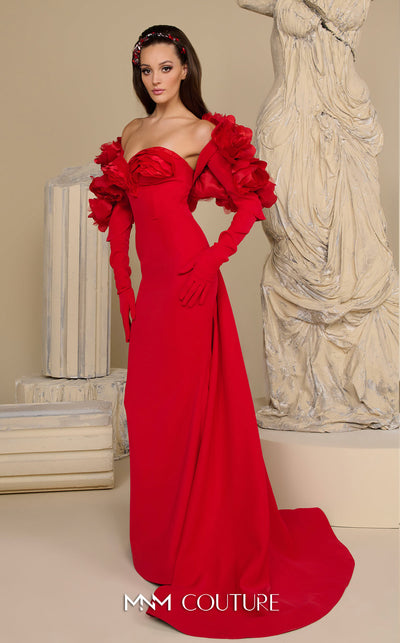 Strapless crepe bespoke evening wear with rose applique taffeta jacket MNM Couture F02944
