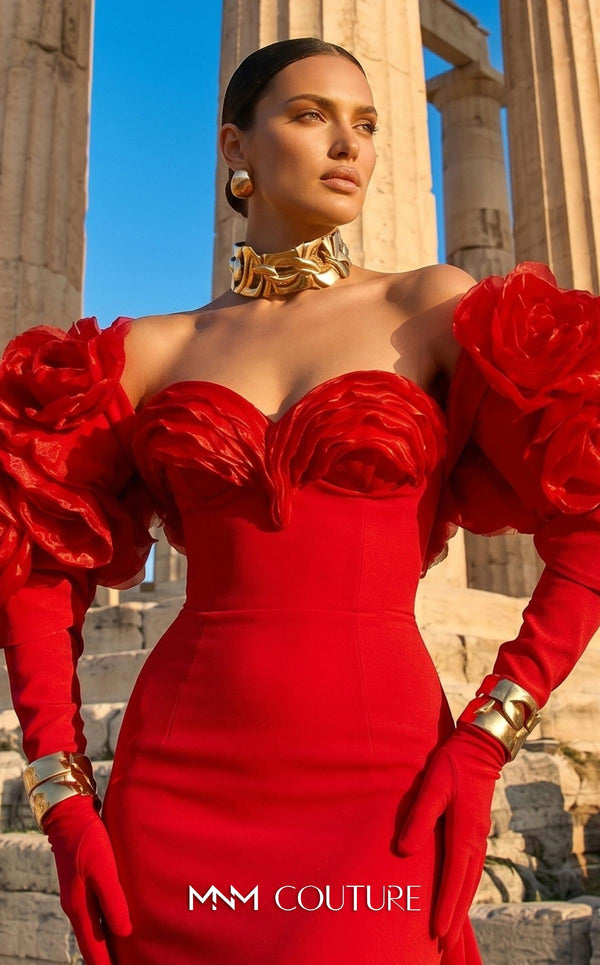 Strapless crepe bespoke evening wear with rose applique taffeta jacket MNM Couture F02944