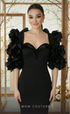 Strapless crepe bespoke evening wear with rose applique taffeta jacket MNM Couture F02944