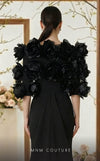 Strapless crepe bespoke evening wear with rose applique taffeta jacket MNM Couture F02944
