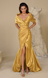 MNM Couture Style F02946 satin trumpet gown with an off-the-shoulder deep V-neckline and a high front slit. | Couture Shop LA