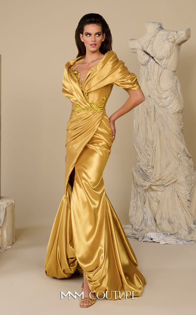 MNM Couture Style F02946 satin trumpet gown with an off-the-shoulder deep V-neckline and a high front slit. | Couture Shop LA