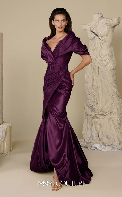 MNM Couture Style F02946 satin trumpet gown with an off-the-shoulder deep V-neckline and a high front slit. | Couture Shop LA