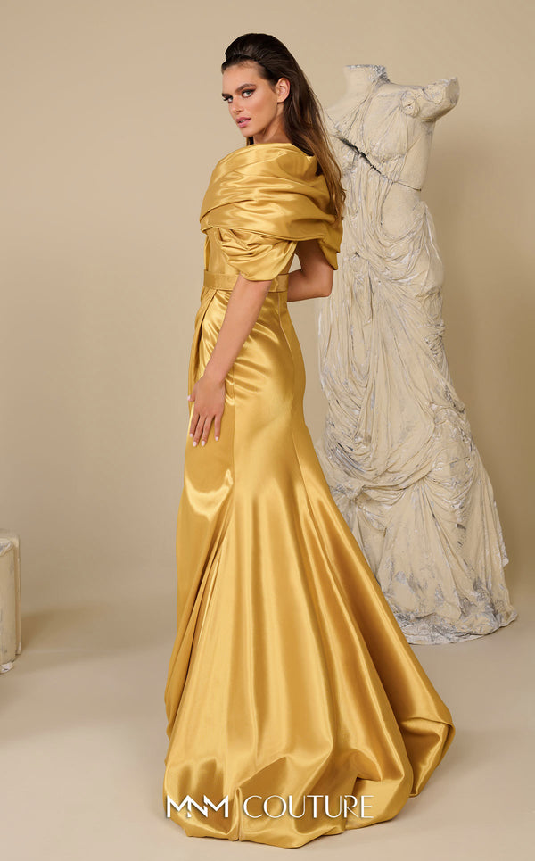 MNM Couture Style F02946 satin trumpet gown with an off-the-shoulder deep V-neckline and a high front slit. | Couture Shop LA