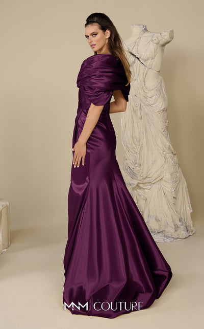 MNM Couture Style F02946 satin trumpet gown with an off-the-shoulder deep V-neckline and a high front slit. | Couture Shop LA