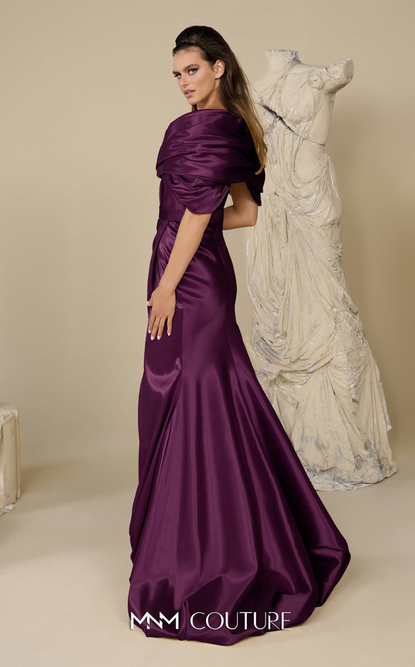 MNM Couture Style F02946 satin trumpet gown with an off-the-shoulder deep V-neckline and a high front slit. | Couture Shop LA