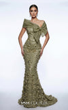 MNM Couture F02950A soft mesh mermaid gown with laser-cut floral appliqués, sequin shimmer, and draped sheer bow neckline | Couture Shop LA.